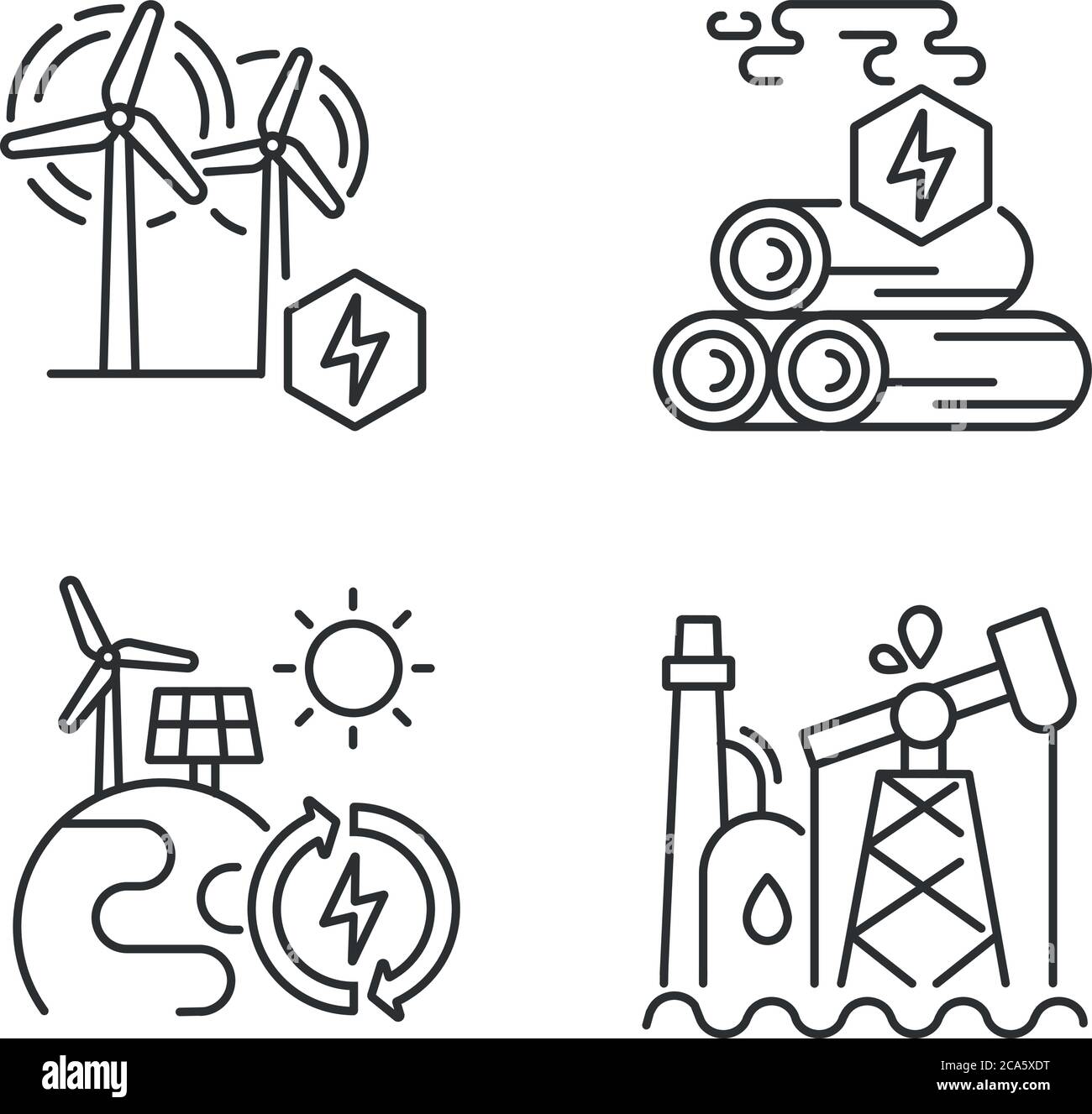 Set di icone lineari per energia tradizionale e alternativa. Energia del legno, raffineria di petrolio, centrali rinnovabili simboli personalizzabili a linee sottili. Isola Illustrazione Vettoriale
