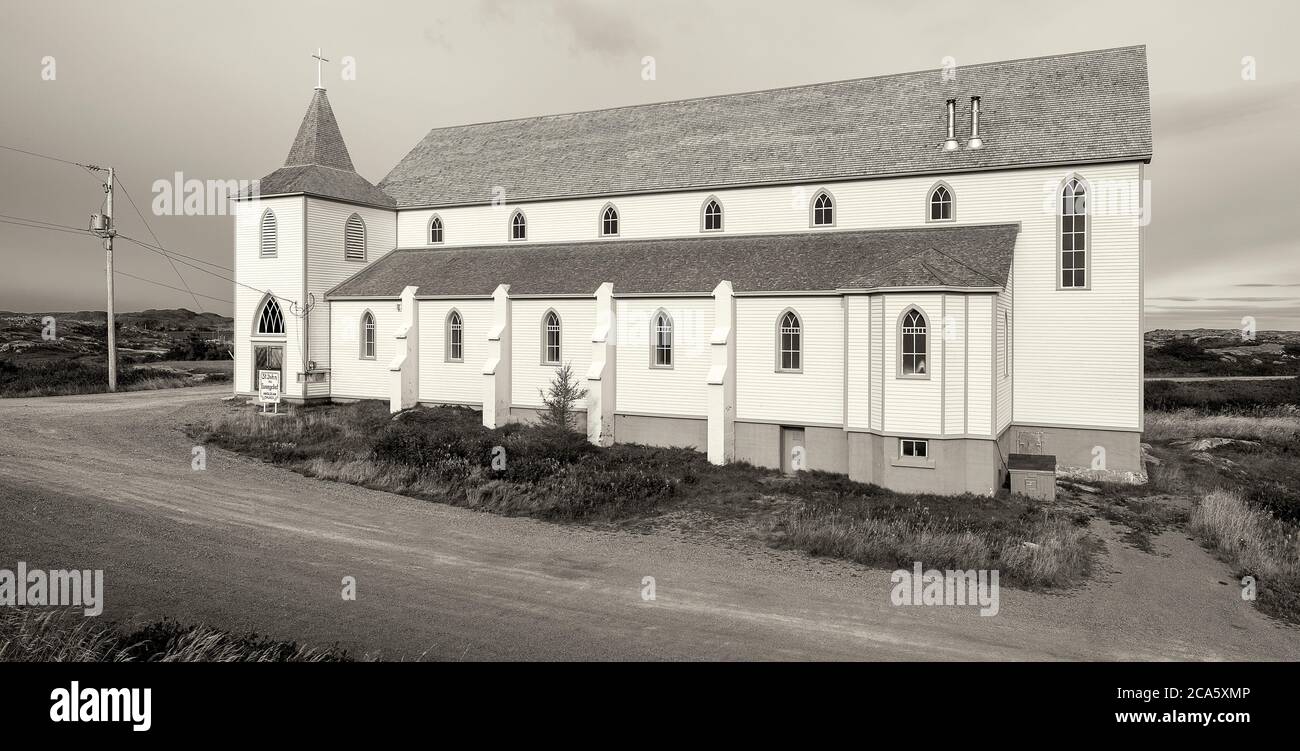 Veduta della Chiesa Anglicana di San Giovanni Evangelista, Isole Barrd, Terranova, Canada Foto Stock