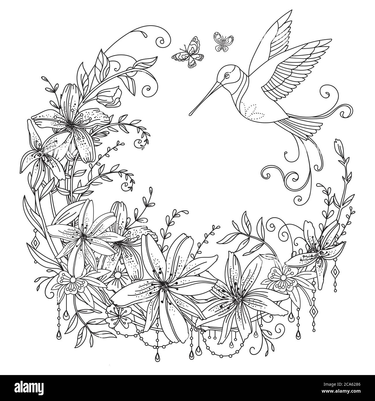 Vettore colorazione corona ornamentale con colibrì e fiori in composizione circolare. Illustrazione decorativa contorno nero disegno isolato su bianco. Illustrazione Vettoriale