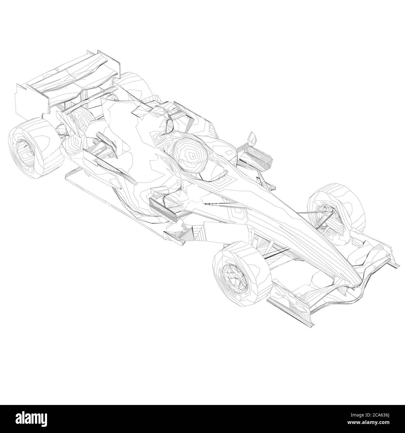 Auto da corsa con struttura a reticolo da linee nere su sfondo bianco. Vista isometrica. 3D. Illustrazione vettoriale. Illustrazione Vettoriale