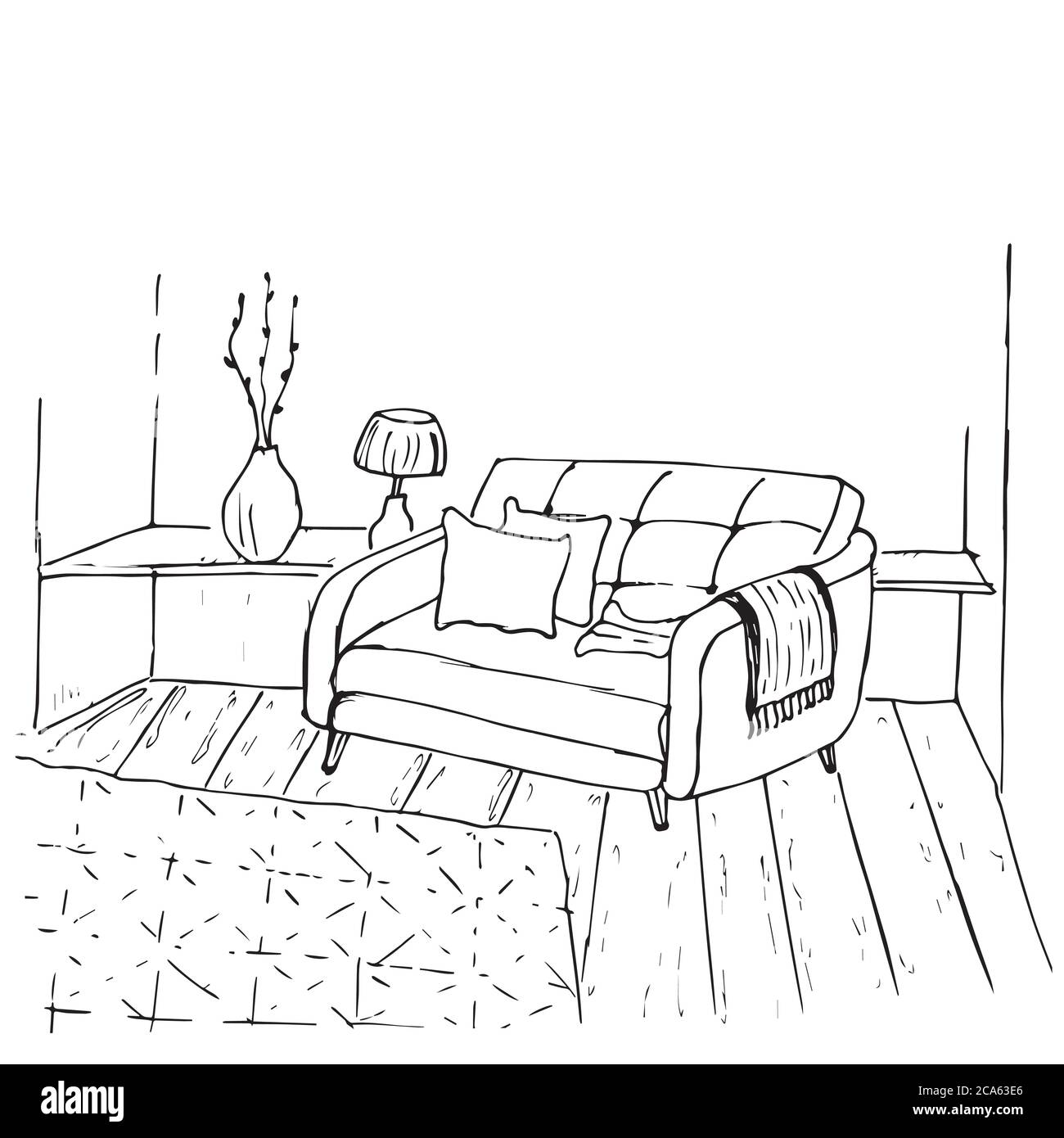 divano isolato su sfondo bianco. Illustrazione vettoriale nello stile di schizzo. Illustrazione Vettoriale