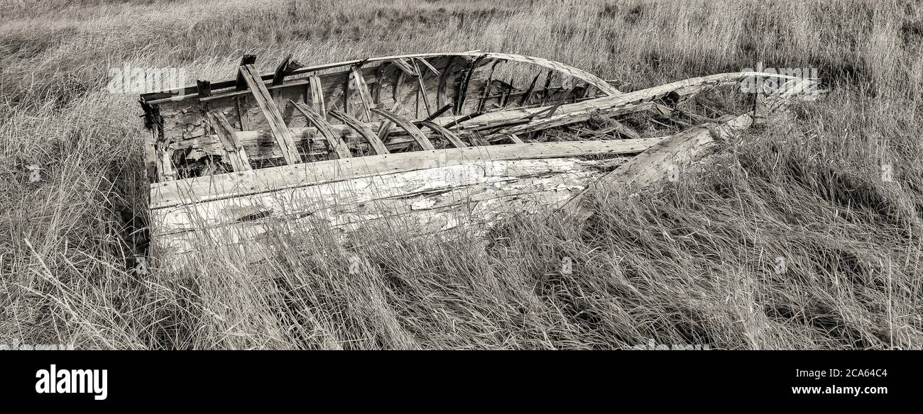 Primo piano di barca distrutta, ribaltamento, Fogo Island, Terranova Foto Stock