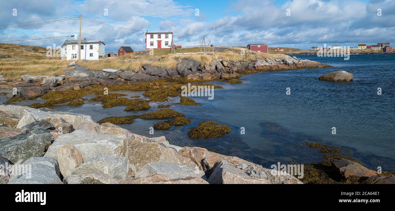 Vista dei palcoscenici di pesca, ribaltamento, isola di Fogo, Terranova Foto Stock