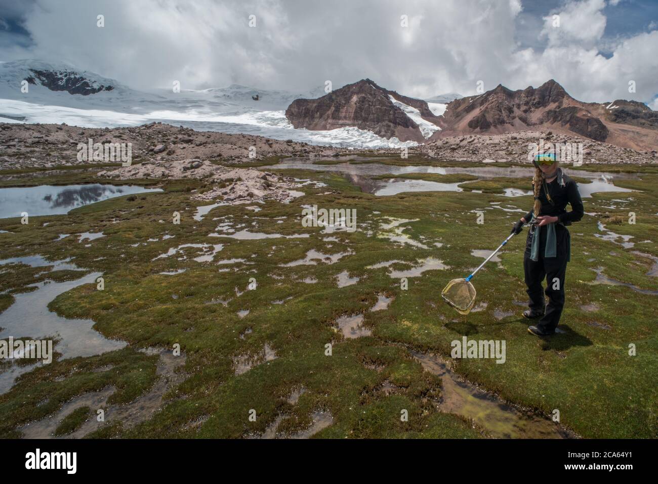 Biologo di campo che lavora in alto nelle Ande, raccogliendo dati ambientali sulla fauna e i ghiacciai peruviani. Foto Stock