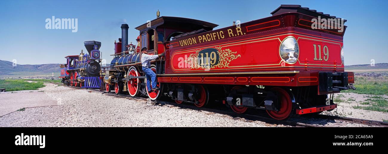 Replica locomotiva, Golden Spike National Historic Site, Utah, USA Foto Stock