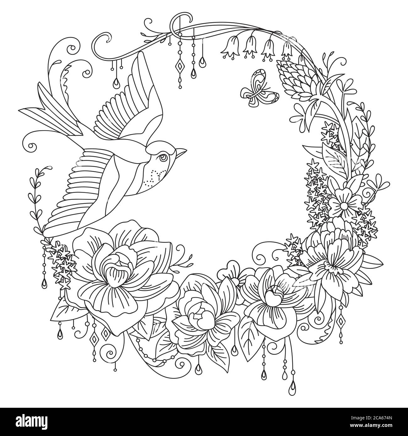 Vettore colorazione corona ornamentale con uccello e fiori in composizione circolare. Illustrazione vettoriale astratta decorativa contorno nero isolato su bianco Illustrazione Vettoriale