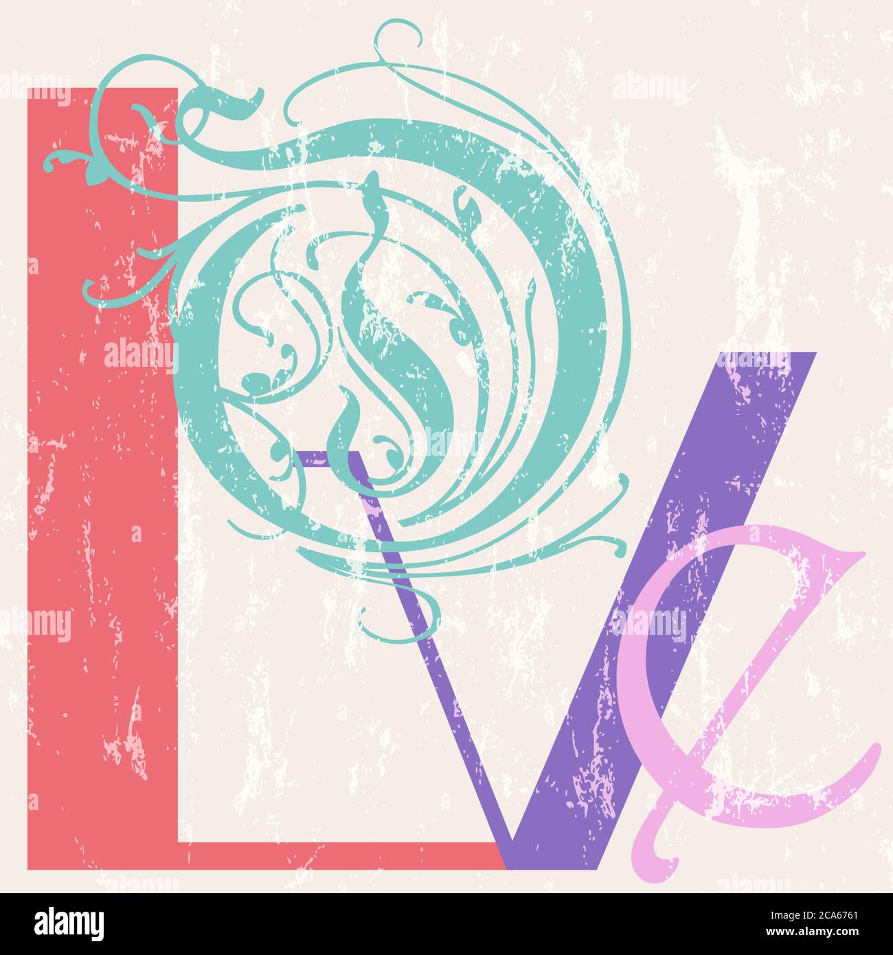 concetto d'amore con parola/lettera, stile retro/vintage Illustrazione Vettoriale