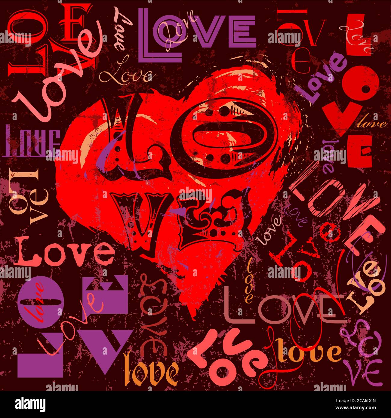 amore illustrazione, cuori e parole, stile grugnoso, vettore Illustrazione Vettoriale