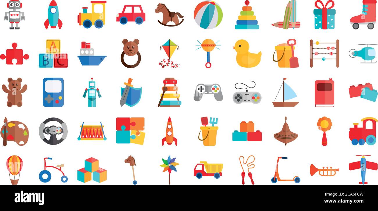 giocattoli cartoni animati oggetto per bambini piccoli a giocare, le icone di stile piatto impostare illustrazione vettoriale Illustrazione Vettoriale