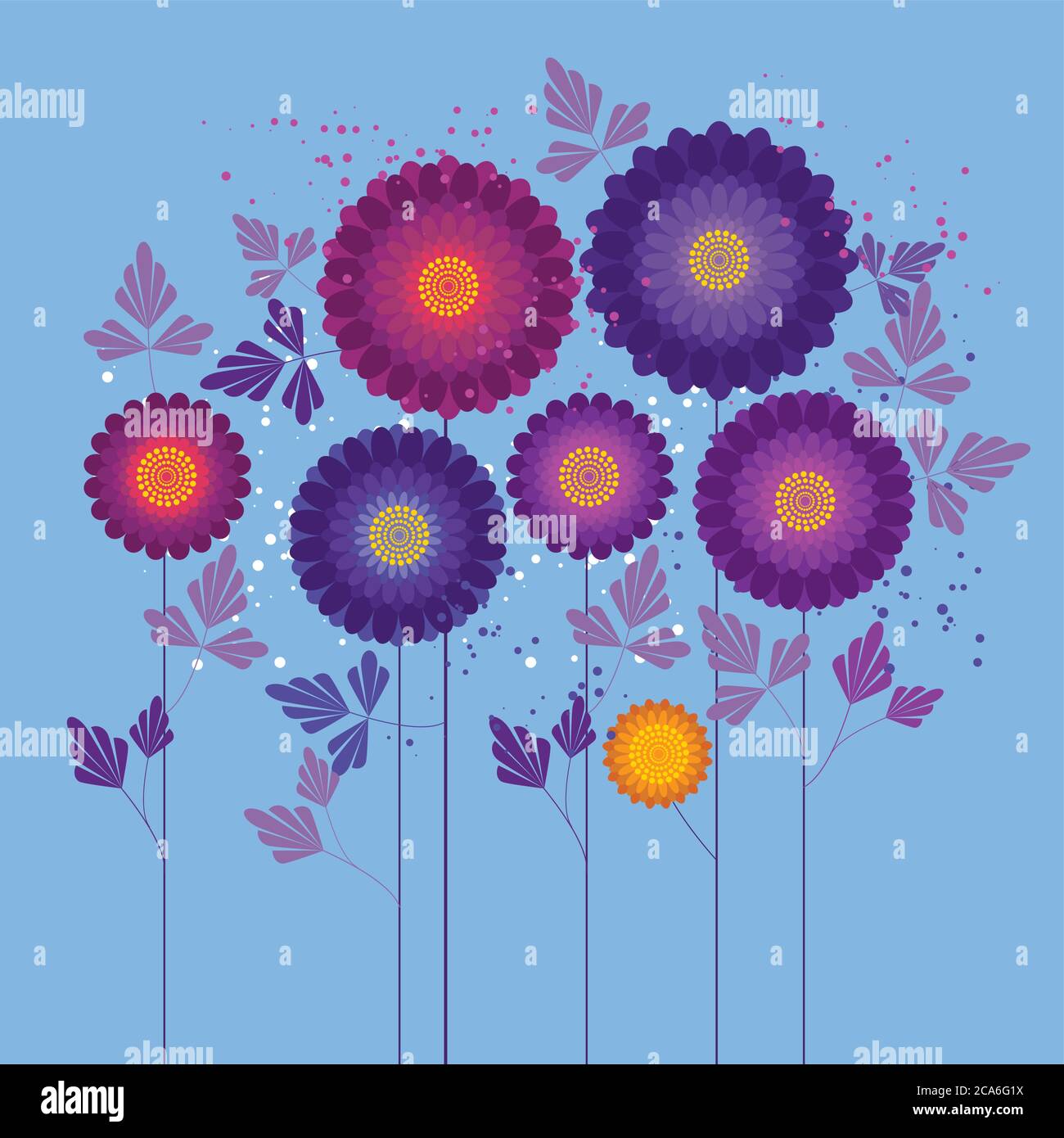 Illustrazione astratta dei colori vettoriali dei fiori autunnali. Fiori geometrici con foglie sui gambi. Fiori di crisantemo rosa, giardino primaverile. Purpl. Di margherite Illustrazione Vettoriale