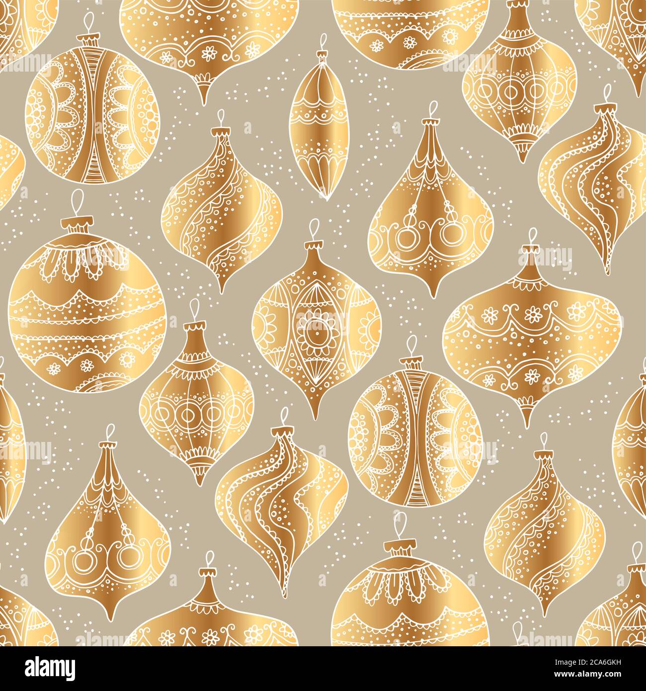 Baubles di lusso dorato disegnati a mano motivo senza giunture per sfondo, avvolgimento, tessuto, tessuto, wrap, superficie, web e stampa design. Assortimento stile retro Illustrazione Vettoriale