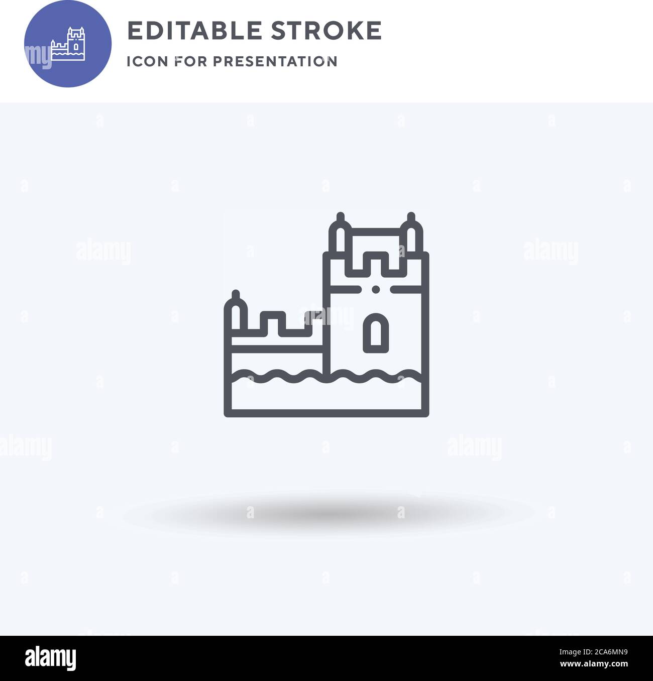 Vettore icona Torre Belem, segno piatto riempito, pittogramma solido isolato su bianco, illustrazione del logo. Icona della Torre Belem per la presentazione. Illustrazione Vettoriale