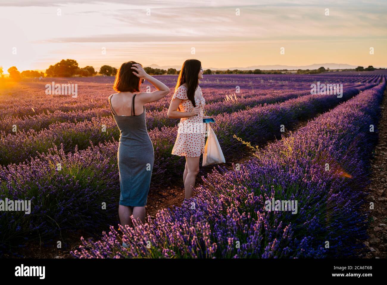 girlfriends divertirsi e godersi una passeggiata nei campi di lavanda, vacanze natura, Spagna Foto Stock