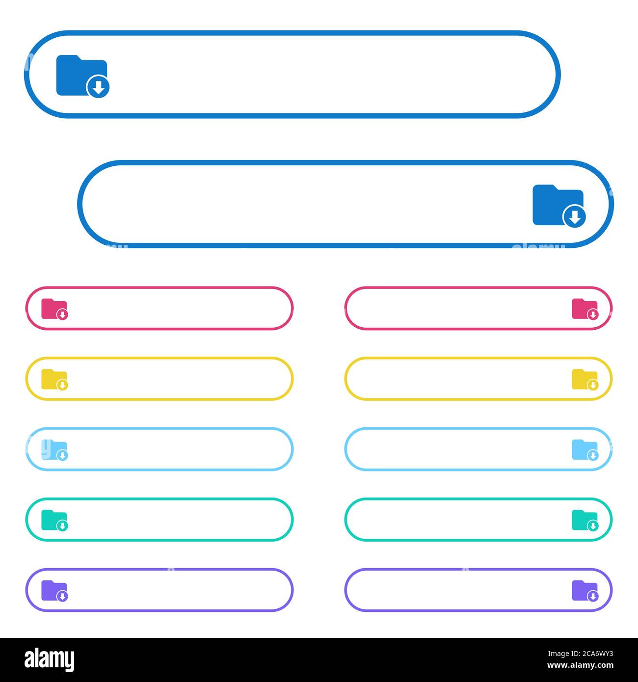 Sposta le icone della directory in basso nei pulsanti di menu a colori arrotondati. Variazioni delle icone sul lato sinistro e destro. Illustrazione Vettoriale
