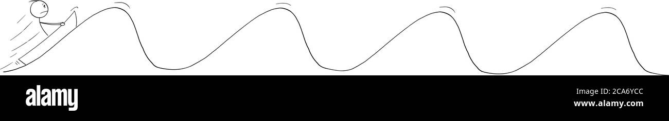 Disegno vettoriale di figura di bastone cartoon illustrazione concettuale di uomo o uomo d'affari che naviga, galleggianti o adrift su piccola barca su onde di tempesta o di oceano ruvido. Concetto di cicli di mercato, economia o crisi. Illustrazione Vettoriale