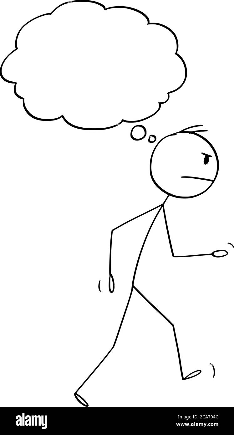 Disegno vettoriale di figura del cartoon illustrazione concettuale di uomo arrabbiato che cammina via con vuoto bolla di pensiero o palloncino pronto per il tuo testo. Illustrazione Vettoriale