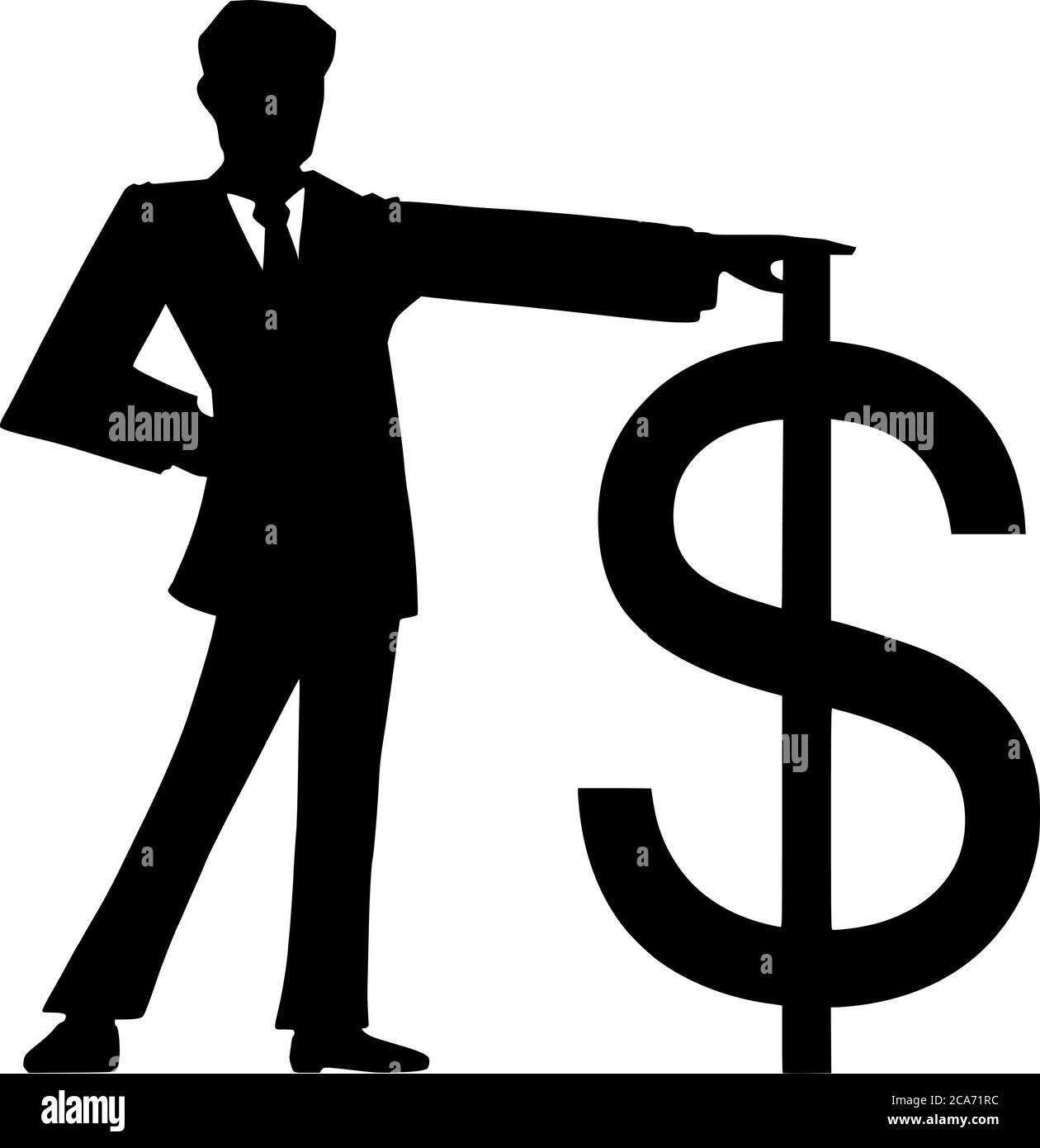 Grafico vettoriale cartoon illustrazione concettuale di silhouette nera di uomo in costume o uomo d'affari che detiene simbolo o segno di valuta del dollaro grande. Illustrazione Vettoriale