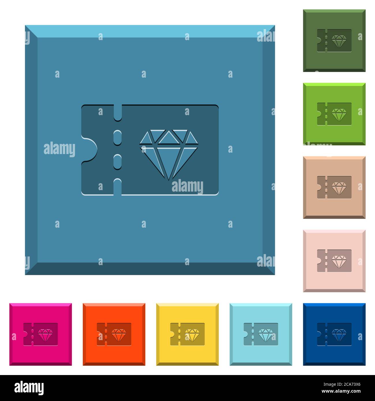 Gioielleria sconto coupon icone incise su bottoni quadrati orlati in vari colori alla moda Illustrazione Vettoriale
