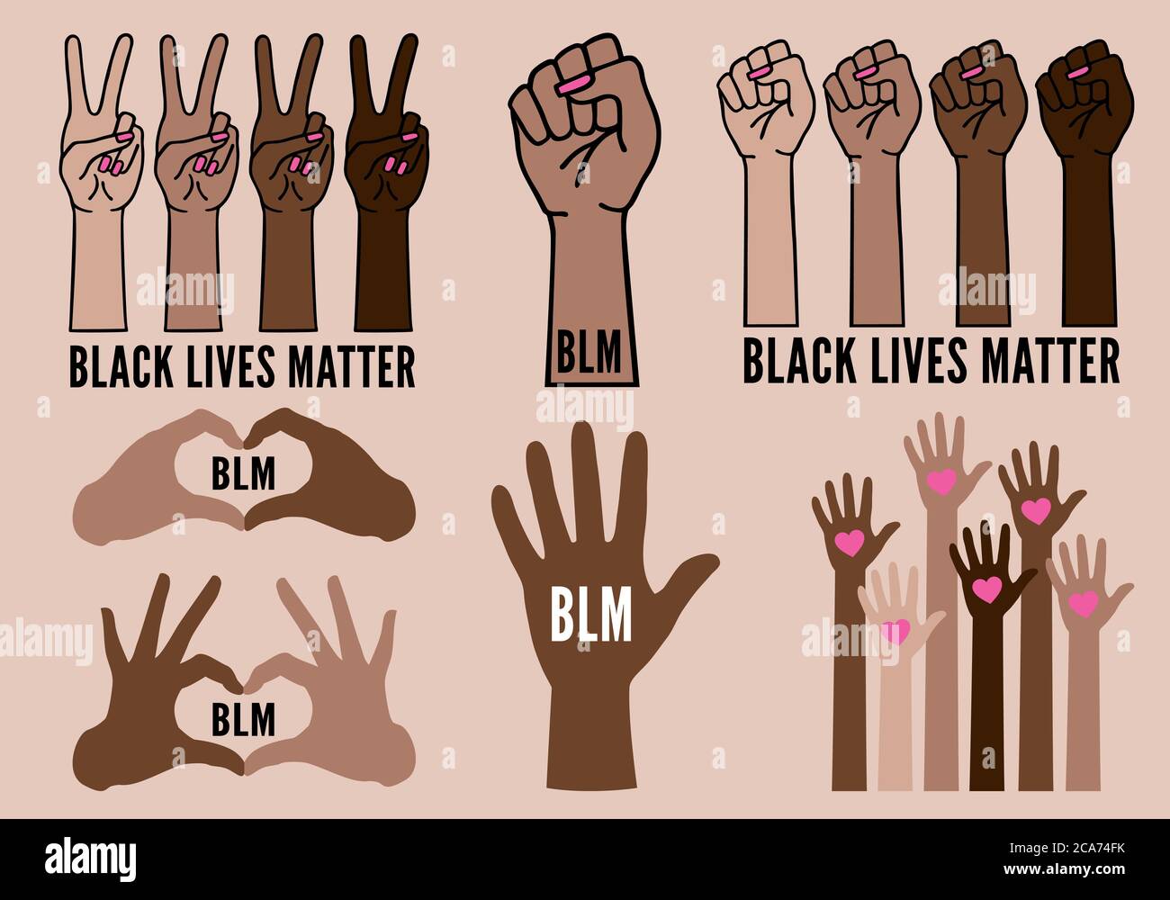 Black Lives Matter, blm, le mani femminili protestano contro il razzismo, i pugni neri combattono, illustrazione vettoriale Illustrazione Vettoriale