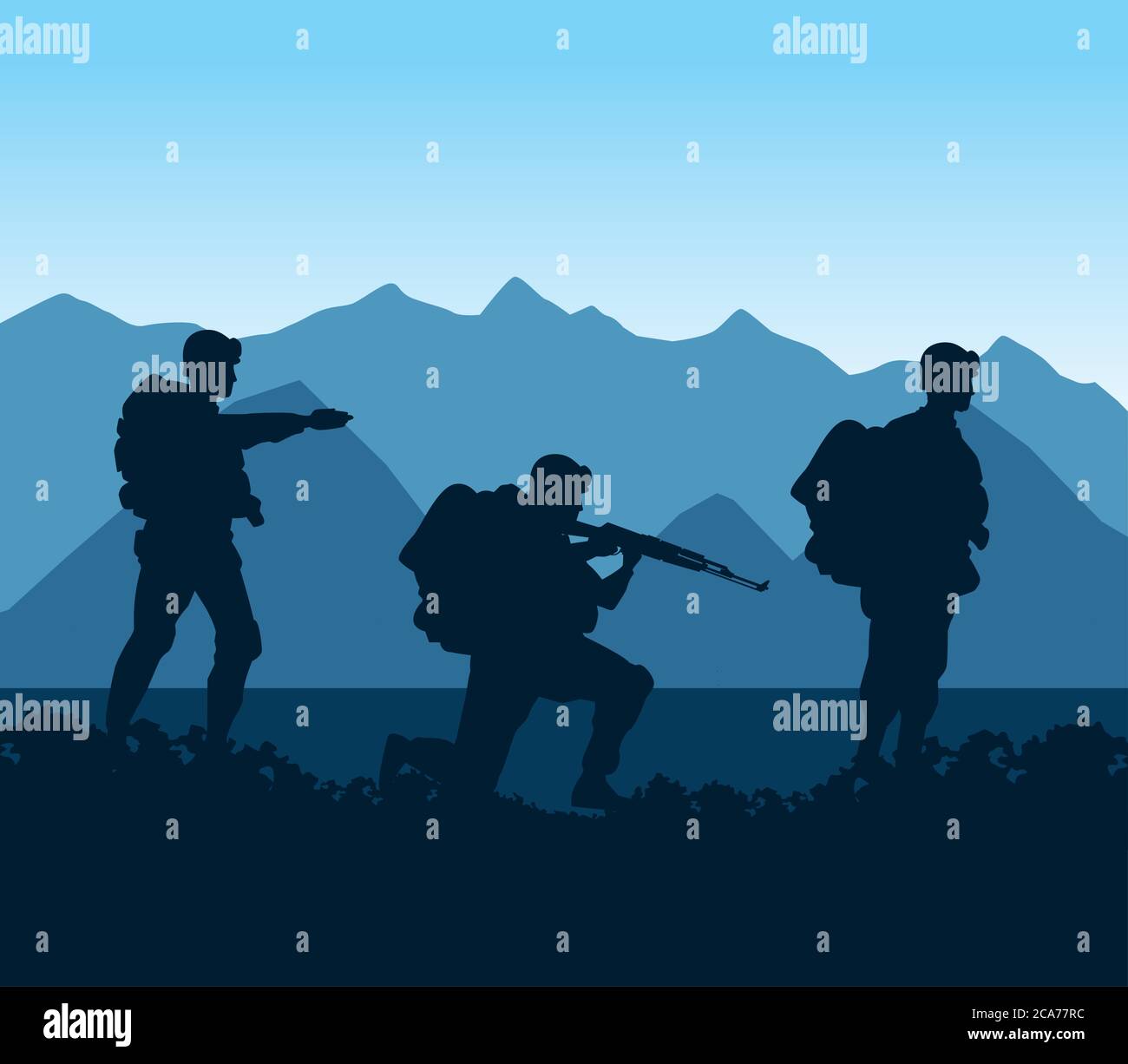 soldati figure sagome nella scena del campo disegno vettoriale illustrazione Illustrazione Vettoriale