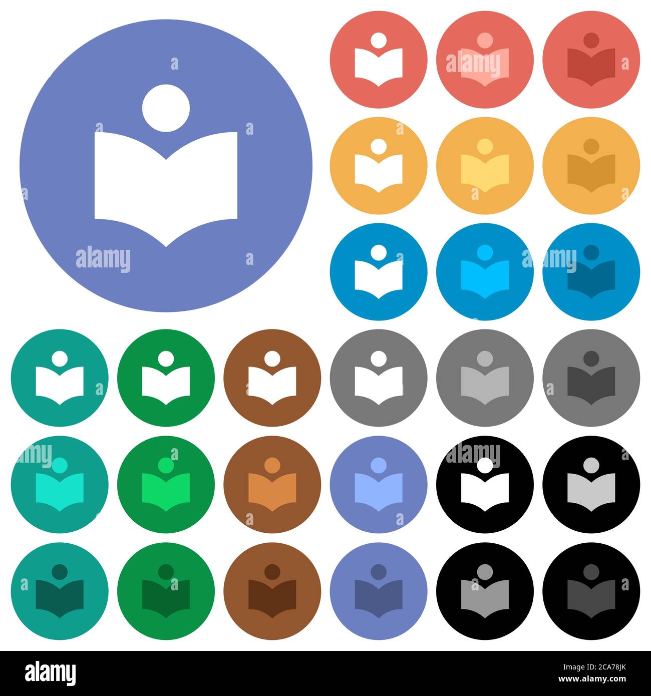 Libreria icone piatte multicolore su sfondi rotondi. Incluse variazioni delle icone bianche, chiare e scure per gli effetti di stato attivo e del passaggio del mouse e i bonus Illustrazione Vettoriale