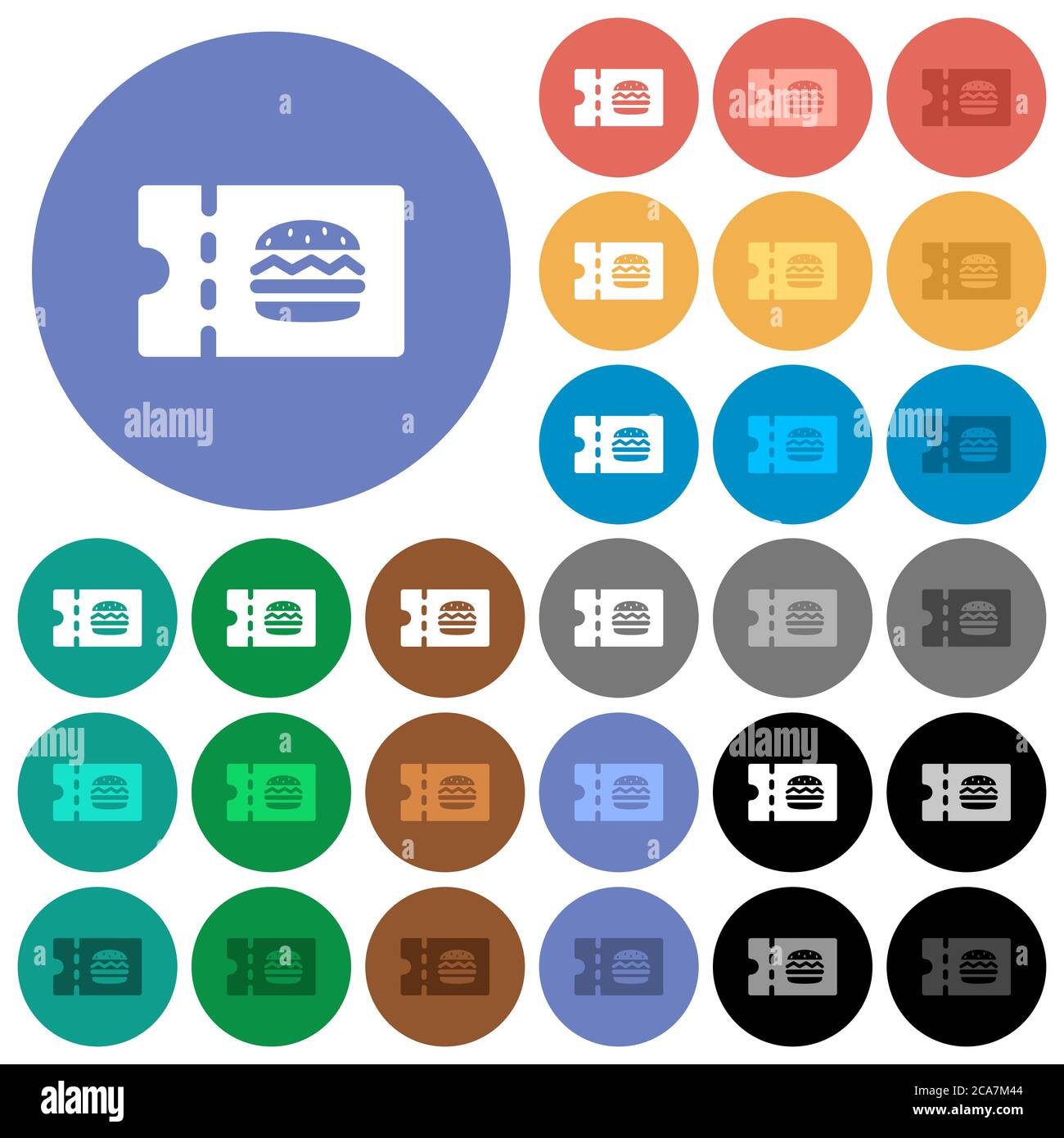 Buono sconto fast food per ristoranti con icone piatte multicolore su sfondi rotondi. Incluse variazioni delle icone bianche, chiare e scure per il passaggio del mouse e l'attività Illustrazione Vettoriale