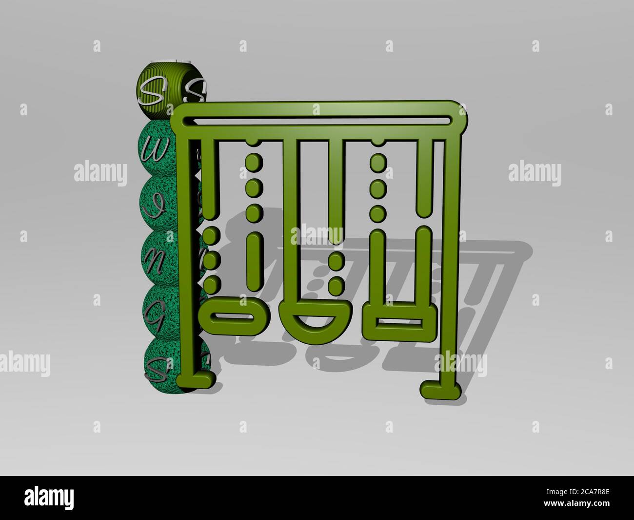 Immagine grafica 3D delle OSCILLAZIONI verticalmente insieme al testo costruito intorno all'icona da lettere cubiche metalliche dalla prospettiva superiore. Eccellente per la presentazione concettuale e le presentazioni. Parco giochi Foto Stock