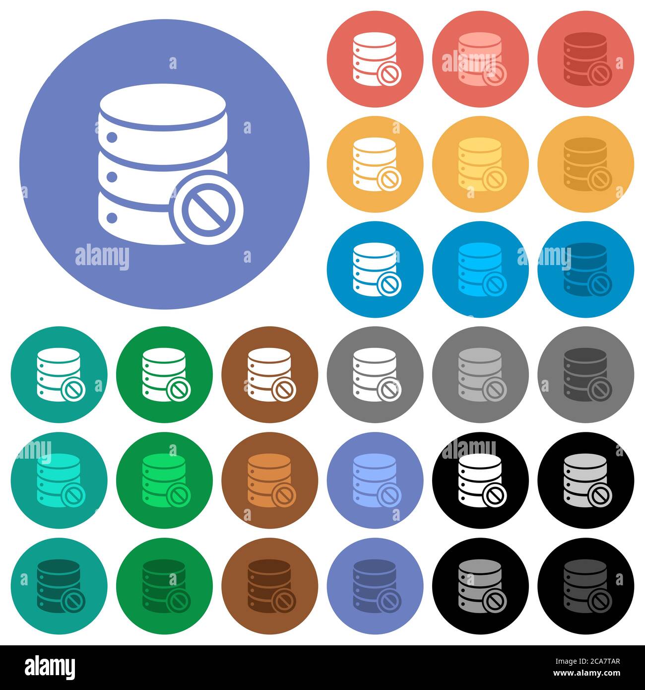 Icone piatte multicolore del database disabilitate su sfondi rotondi. Incluse variazioni delle icone bianche, chiare e scure per gli effetti di stato attivo e del passaggio del mouse, A. Illustrazione Vettoriale