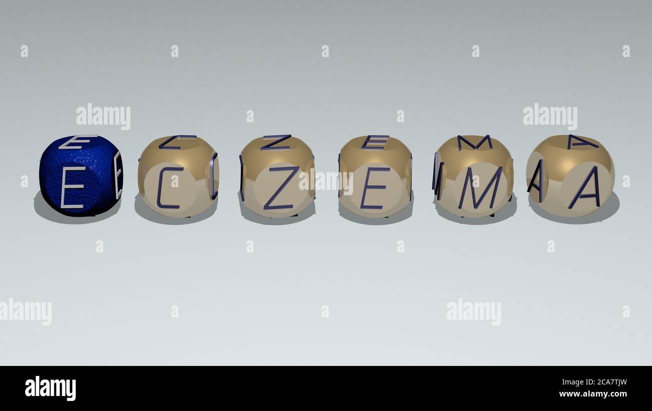 crosswords di eczema disposto da lettere cubiche su un pavimento di specchio, significato di concetto e presentazione. dermatite e pelle. Illustrazione 3D Foto Stock