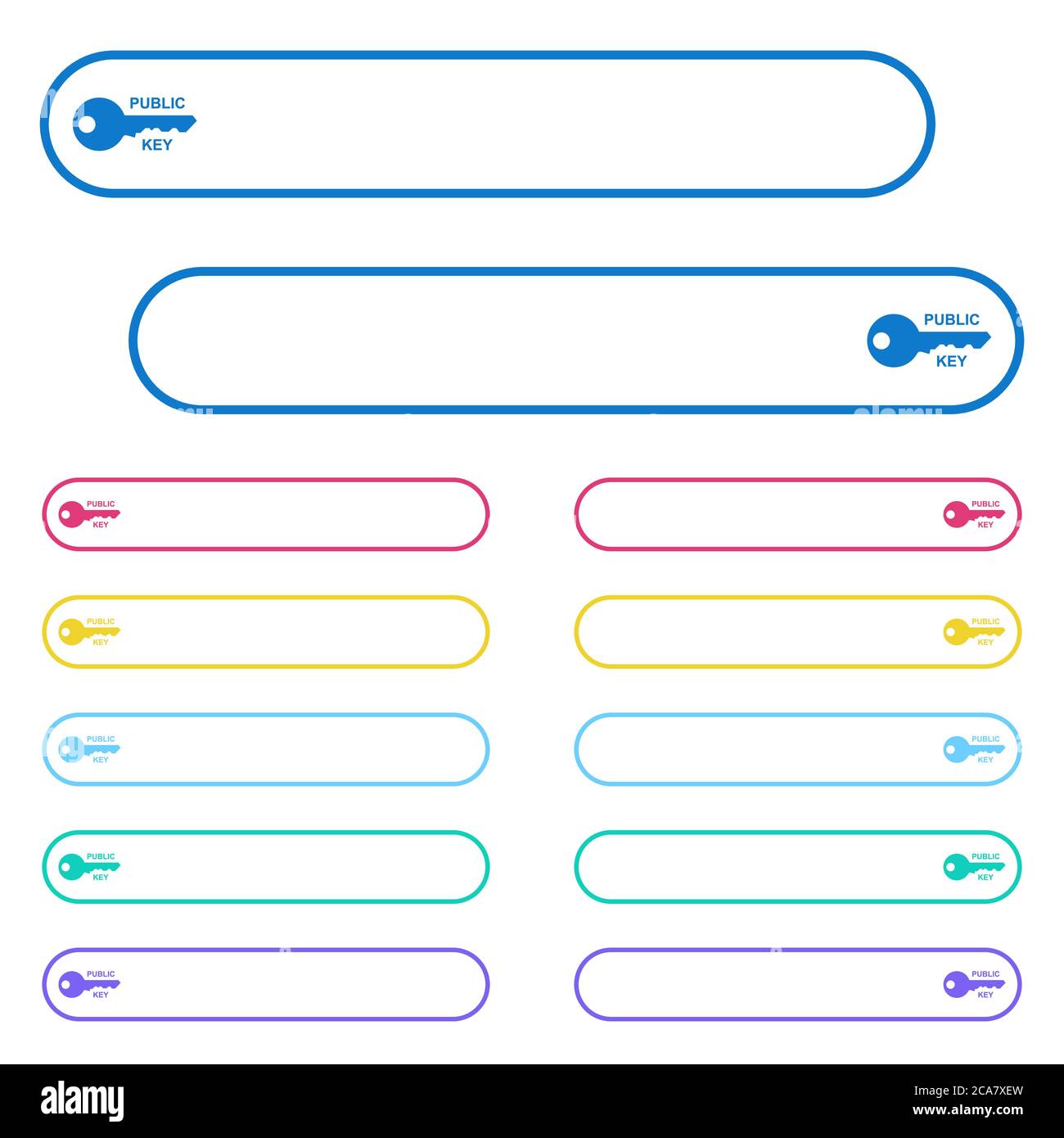 Icone chiave pubbliche in pulsanti di menu a colori arrotondati. Variazioni delle icone sul lato sinistro e destro. Illustrazione Vettoriale