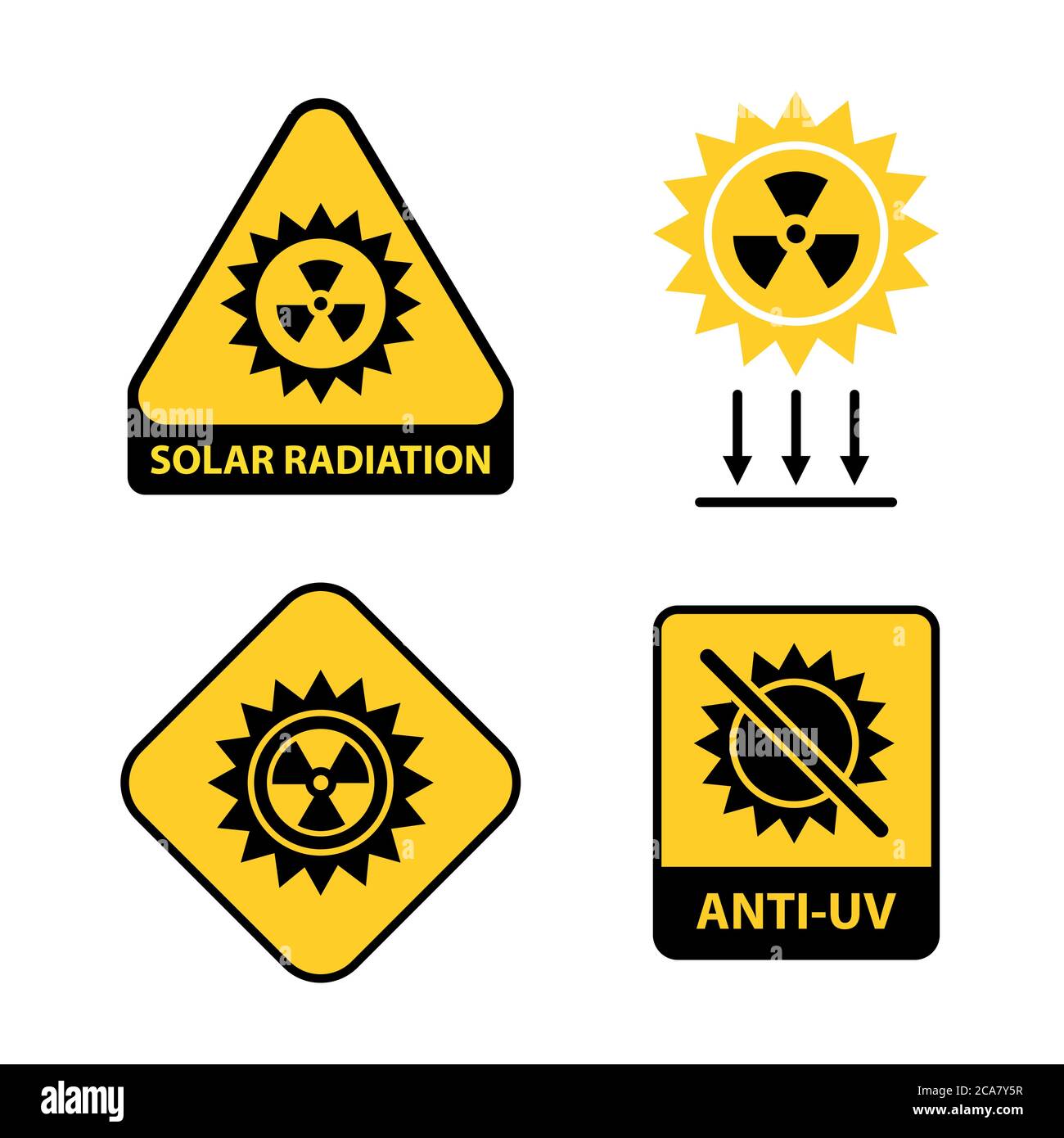 Set di icone di radiazione solare. Illustrazione vettoriale piatta. Illustrazione Vettoriale