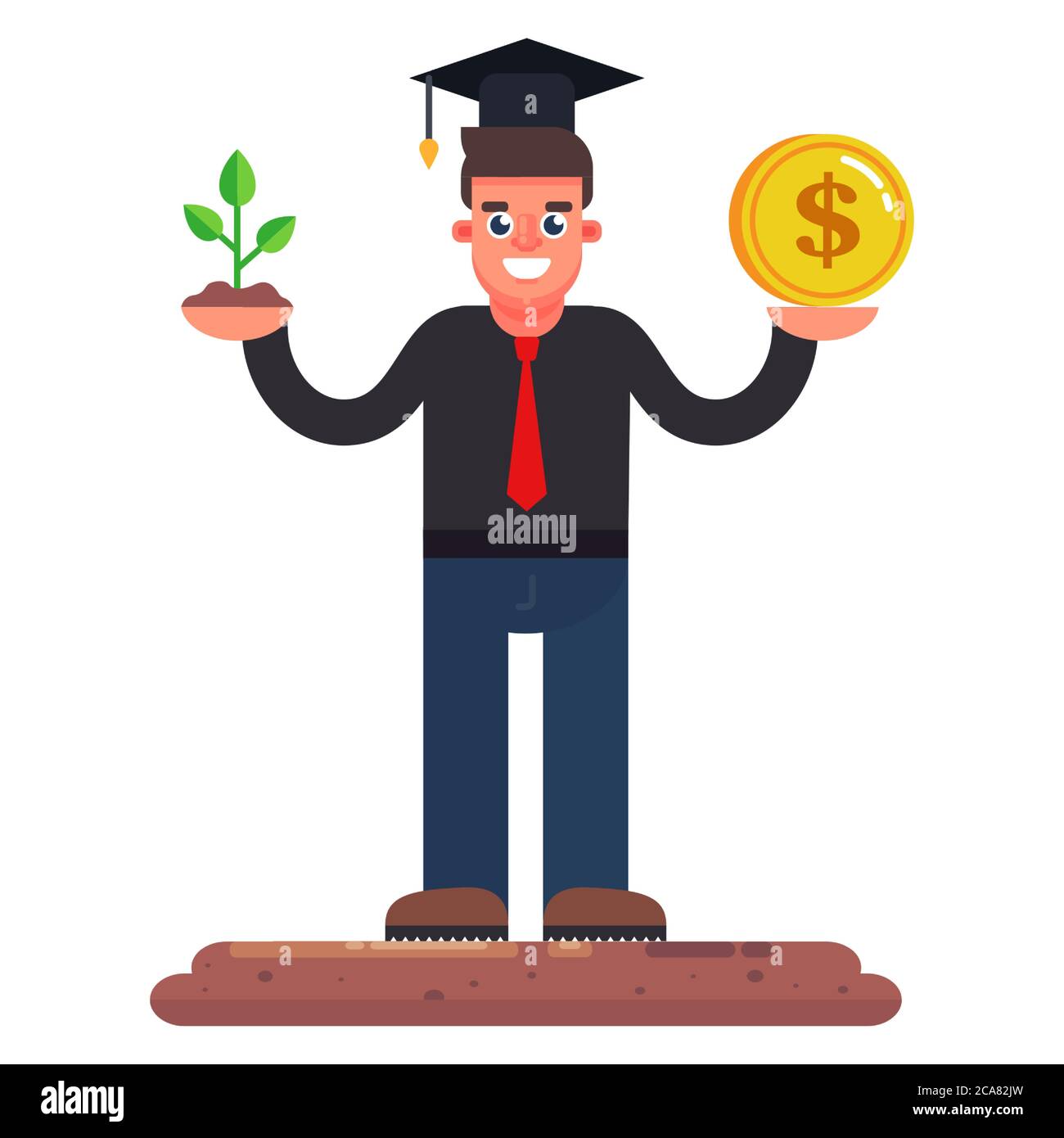 l'uomo è impegnato nel giardinaggio. l'uomo d'affari guadagna su piante. illustrazione del vettore di carattere piatto Illustrazione Vettoriale