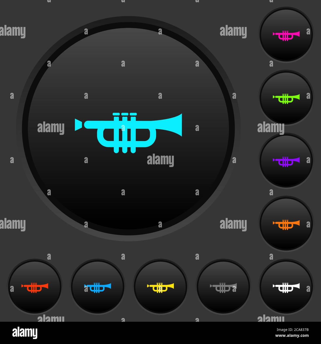 Pulsanti Tromba scuro con icone di colori vivaci su sfondo grigio scuro Illustrazione Vettoriale