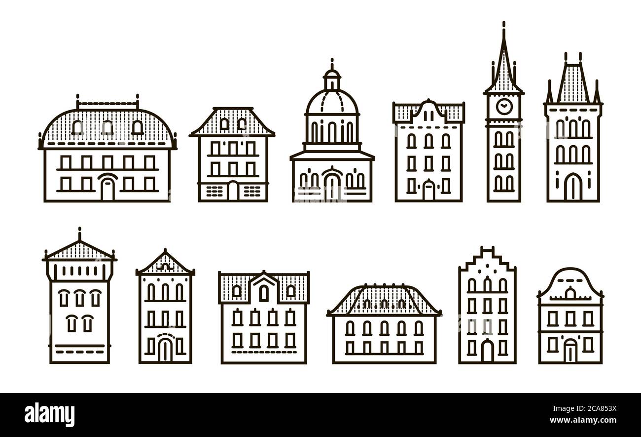 Icone degli edifici vintage in stile lineare. Concetto di città Illustrazione Vettoriale