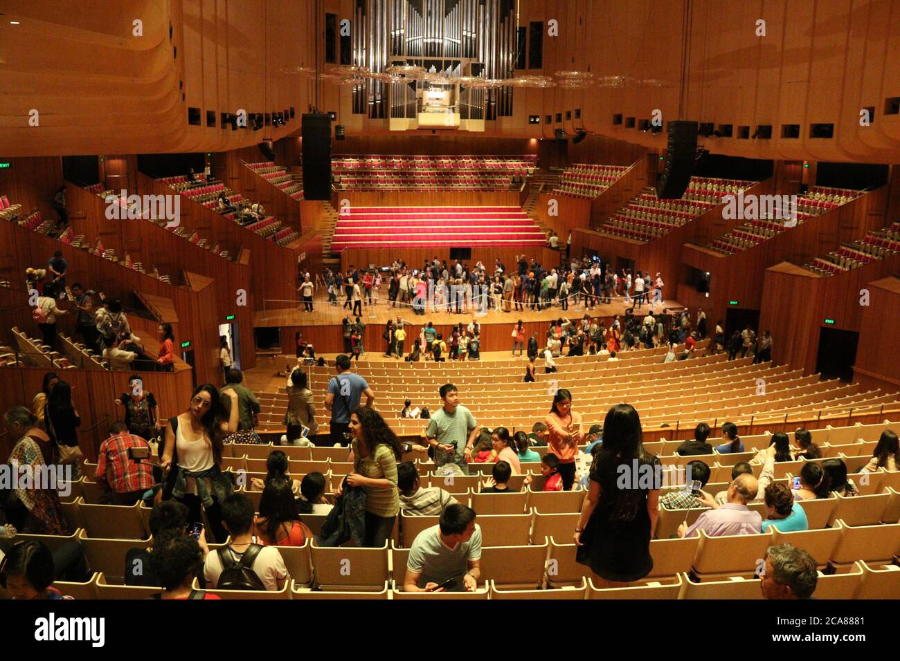 All'interno della sala concerti della Sydney Opera House. L'edificio più famoso dell'Australia, la Sydney Opera House ha aperto le sue porte al pubblico. Foto Stock