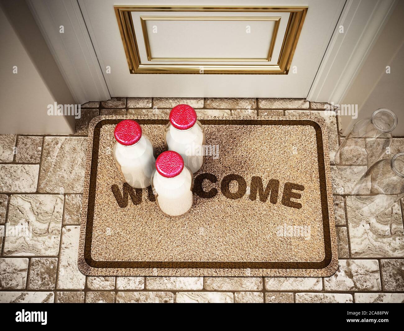 I biberon del latte sono in piedi sul tappetino della porta. Illustrazione 3D. Foto Stock
