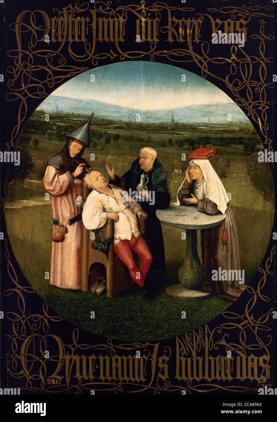 Hieronymus Bosch (1450-1516). Pittore e stampatore olandese, appartenente alla Scuola Fiamminga. L'estrazione della pietra della Madness, 1501-1505. Olio su pannelli di quercia (48,5 x 34,5 cm). Museo del Prado. Madrid. Spagna. Foto Stock