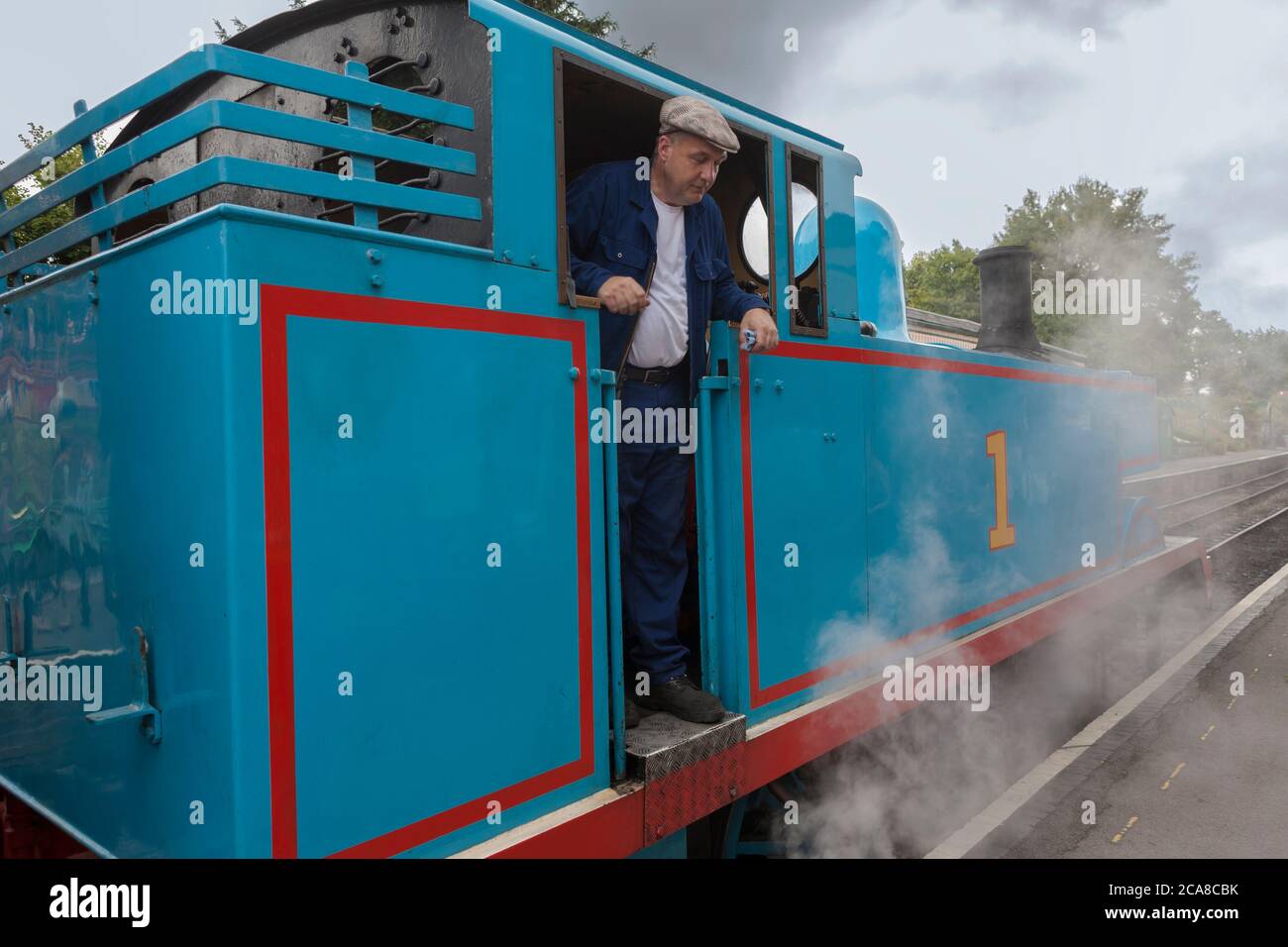 'Thomas the Tank Engine' alla stazione di Rotley, Mid-Hants Railway (The Watercress Line), Hampshire, Regno Unito, durante un 'giorno con Thomas' nell'agosto 2018 Foto Stock