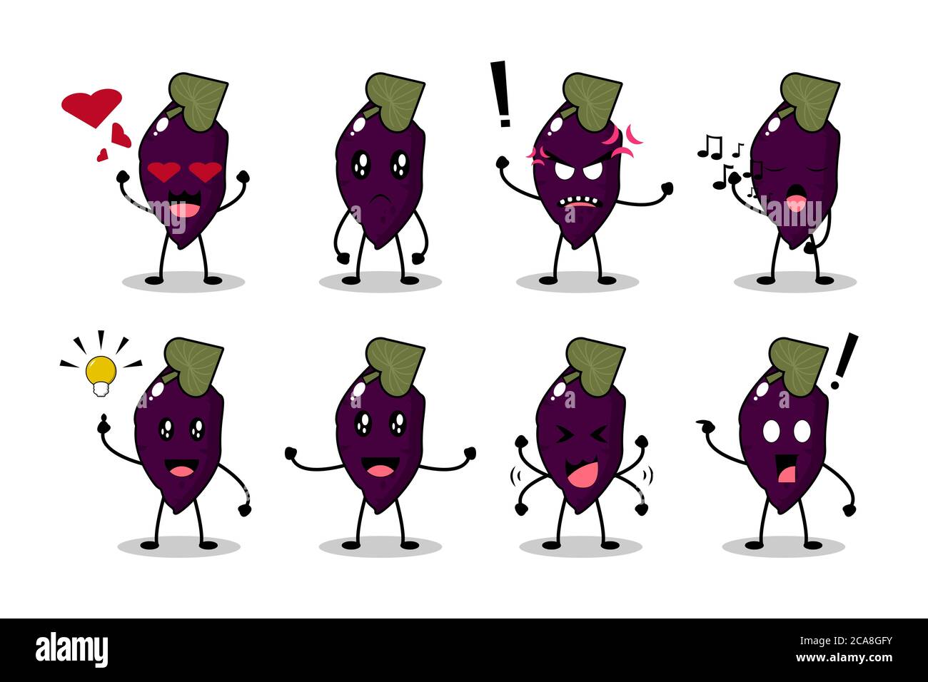 Carino purple Sweet Potato Mascot Collezione di personaggi. Disegno di illustrazione di cartoni animati vettoriali. Isolato su sfondo bianco. Foto Stock