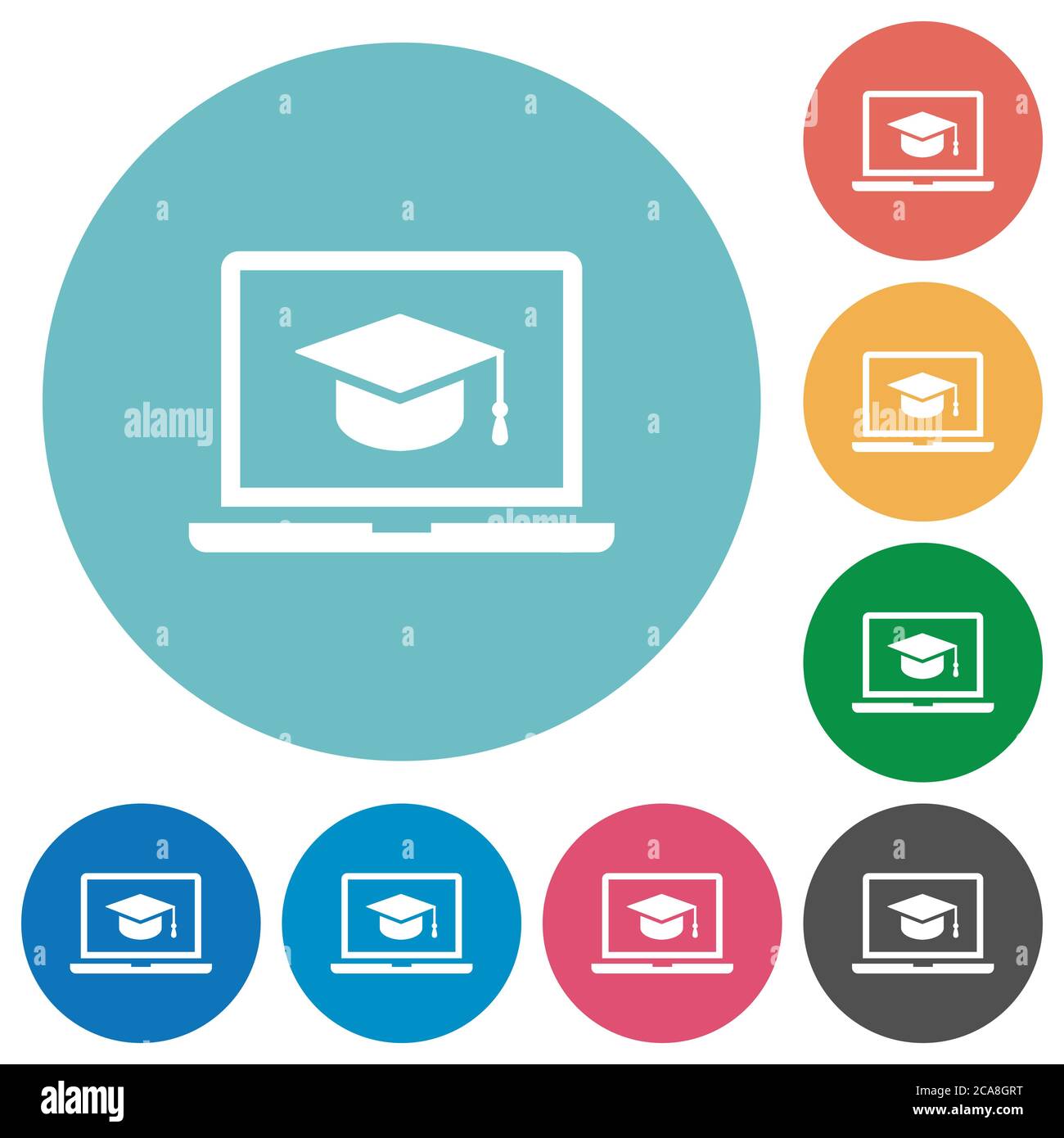 Webinar sulle icone bianche piatte dei notebook su sfondi rotondi Illustrazione Vettoriale