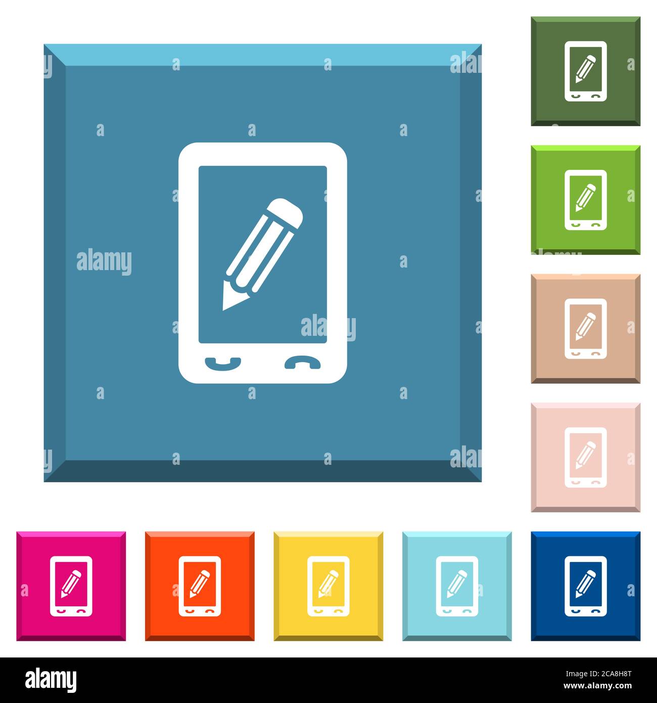 Icone bianche per memo mobili su pulsanti quadrati con bordi in vari colori alla moda Illustrazione Vettoriale