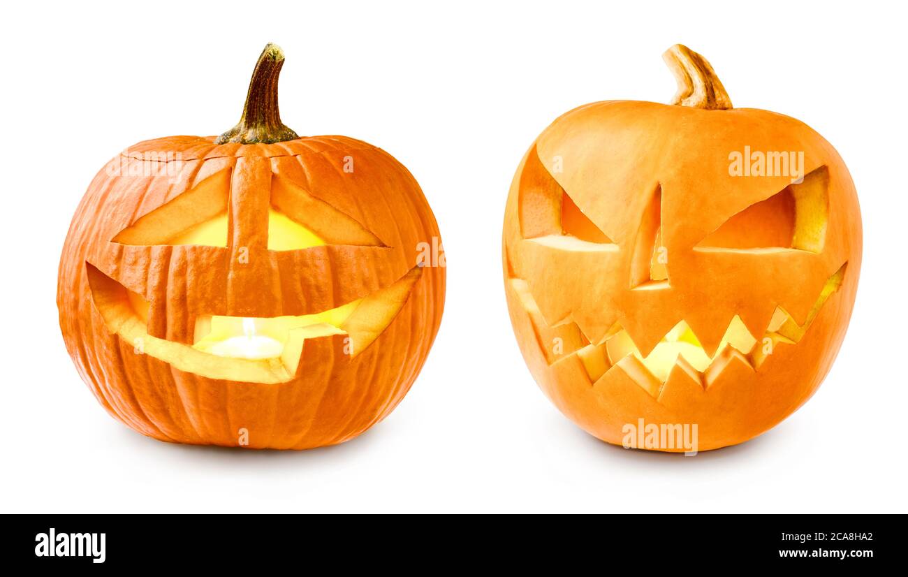 Set di zucche incandescenti Halloween isolato su bianco. Jack o’ Lanterna. Foto Stock