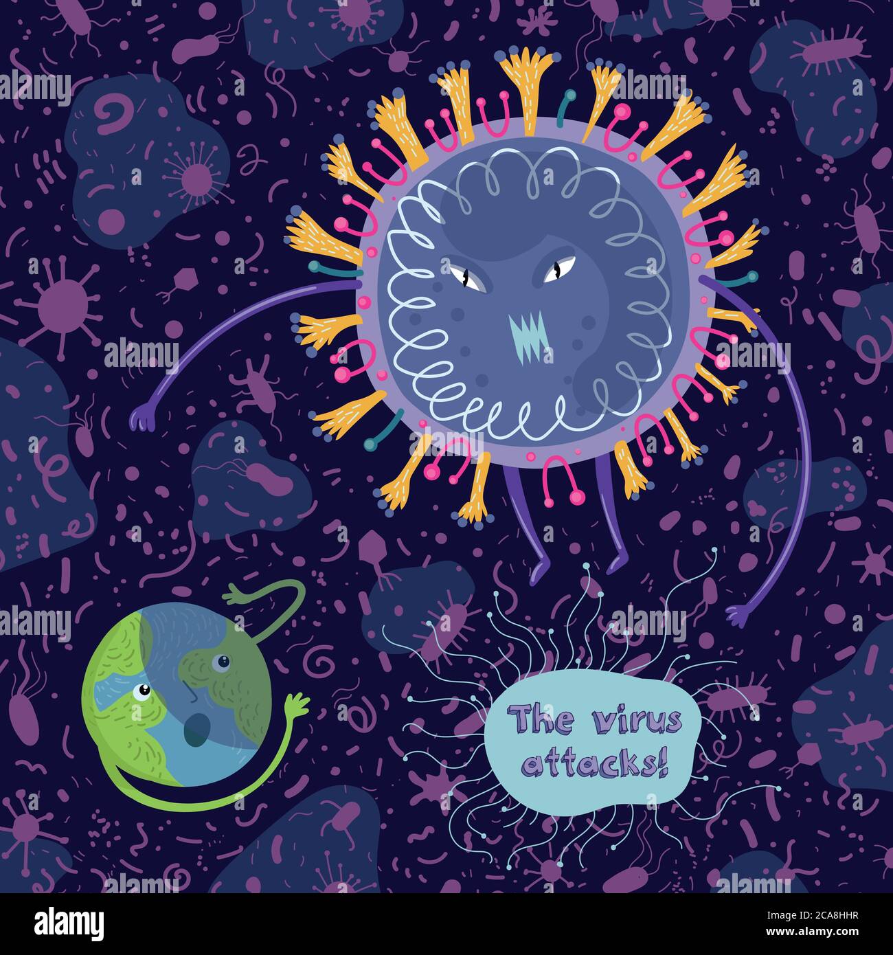 Illustrazione del vettore di attacco del virus Covid-19. Scena metaforica con un attacco di virus sulla terra del pianeta e la sua gente. Personaggi cartoni animati. Illustrazione Vettoriale