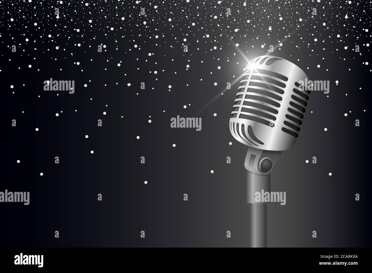 Microfono retro in metallo vintage sul supporto su sfondo nero con riflessi e luci. Microfono con luce parassita. Icona Musica, voce, registrazione. Simbolo dello studio di registrazione. Illustrazione eps vettoriale in stile argento realistico Illustrazione Vettoriale