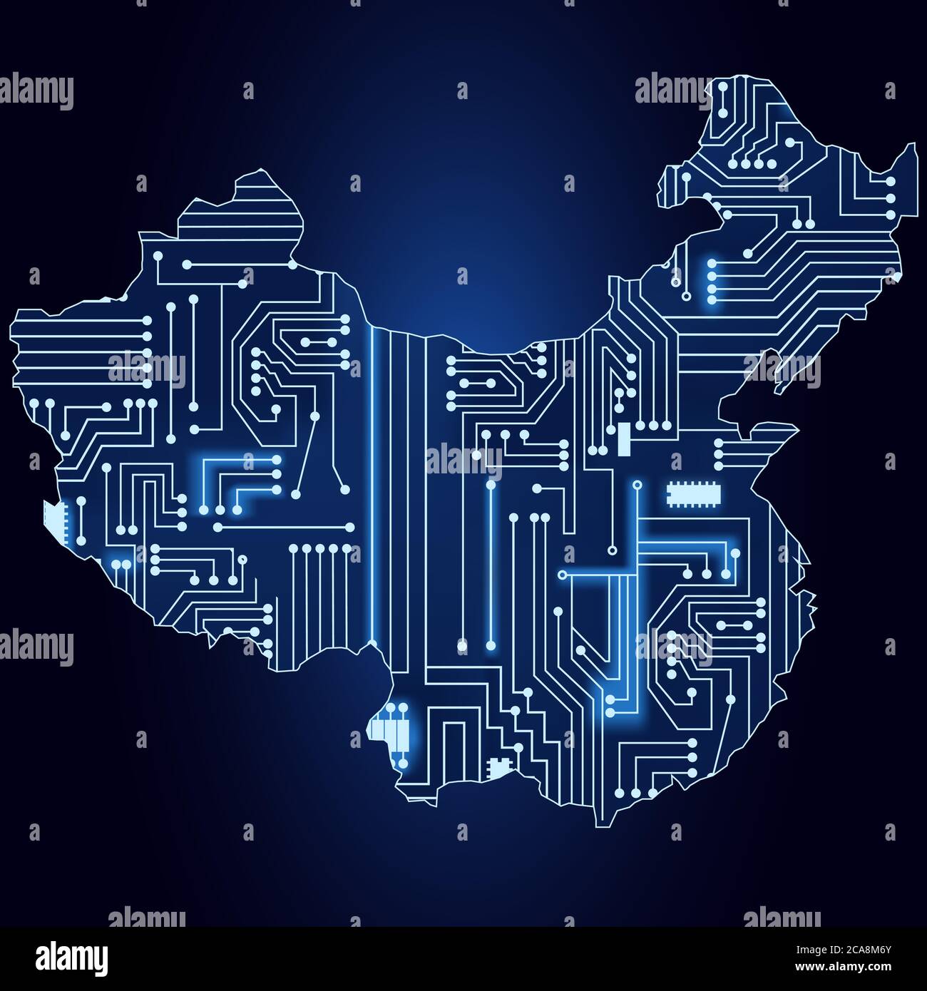 Mappa dei contorni della Cina con un circuito elettronico tecnologico. Illustrazione Vettoriale