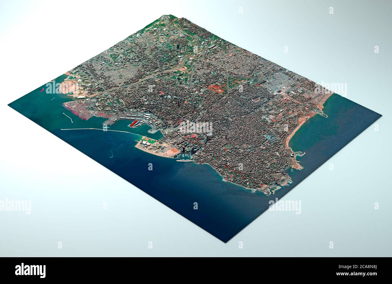 Vista satellitare della città di Beirut in Libano. Strade ed edifici. Luogo dell'esplosione nell'area del porto. NASA, rendering 3d Foto Stock