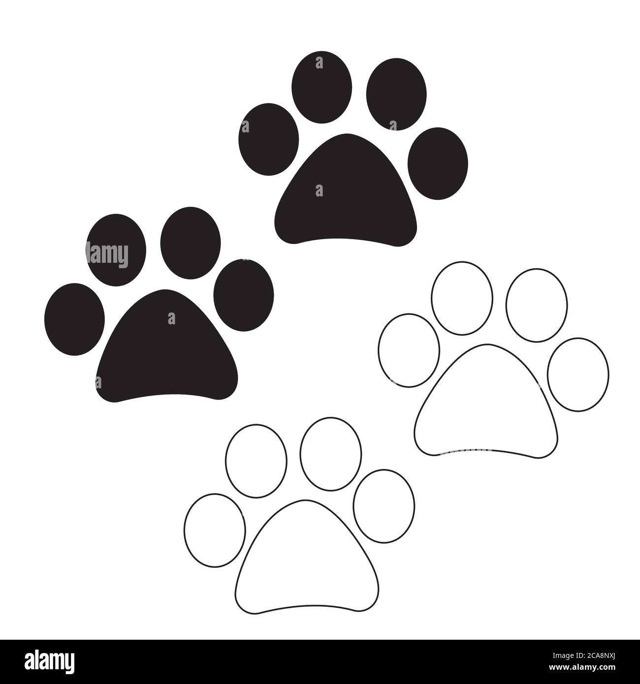 Cane e gatto zampe simboli in nero riempito e profilo stile. Icona vettore silhouette Paw Illustrazione Vettoriale