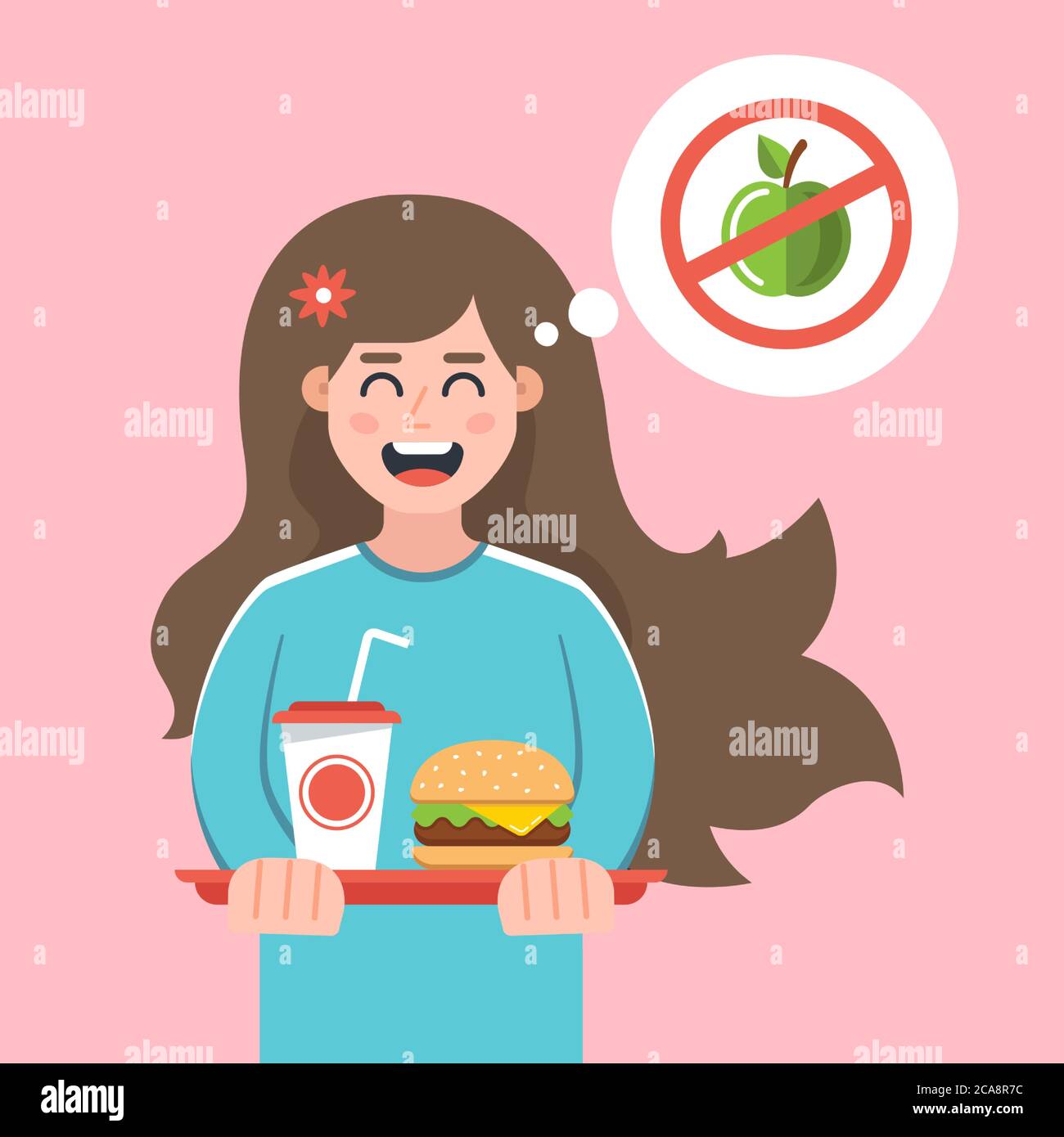 la ragazza ha rifiutato una dieta e si è comprata un fast food. stile di vita nocivo. Illustrazione vettoriale a caratteri piatti. Illustrazione Vettoriale