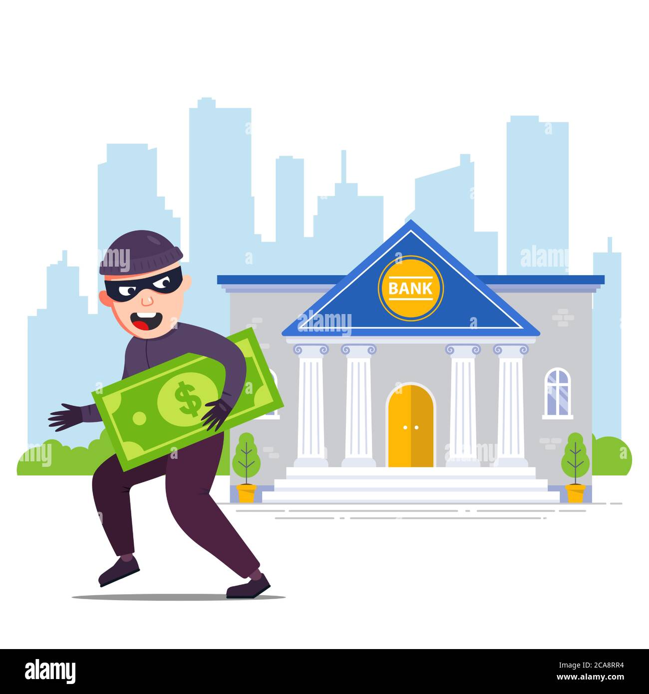 gioioso rapinatore con soldi corre via dalla banca. disegno vettoriale di carattere piatto Illustrazione Vettoriale