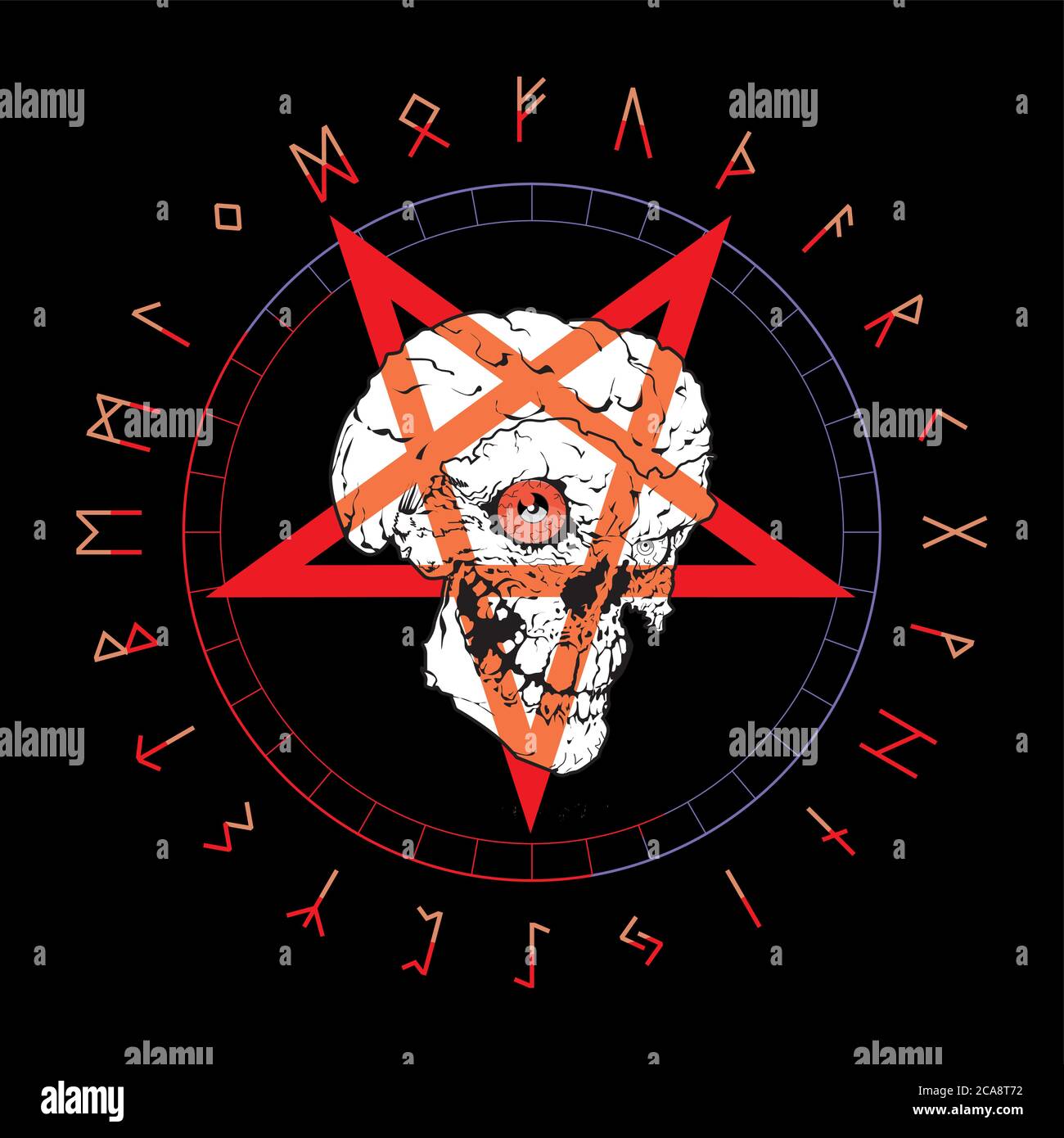 T-shirt vettoriale disegno di un cranio diabolico su una stella rovesciata e personaggi runici isolati su nero. Poster Illustrazione Vettoriale